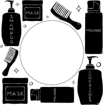 Hair treatment square frame. graphic line ink template illustration. Place for your text, logo. Comb, shampoo, conditioner, mask bottle. Beauty and fashion concept vector