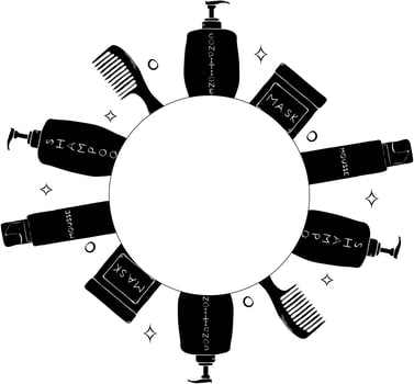 Shampoo, hair conditioner, mask, comb Hair treatment circle round frame. graphic line ink template illustration. Place for your text, logo For branding cosmetics, magazines, blogs on body care vector