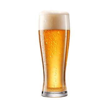 Tall glass of golden beer with frothy head png