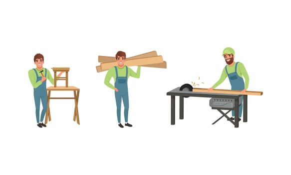 Carpenters working with wood and tools vector