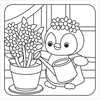 Cartoon Penguin Watering Flowers Indoors vector