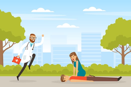 Doctor running to assist collapsed man vector