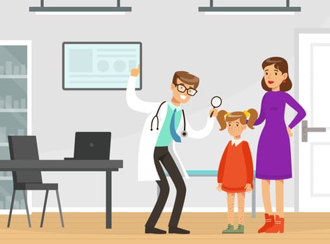 Doctor with girl and mother in clinic vector