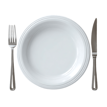Empty white dinner plate with silverware on transparent background png