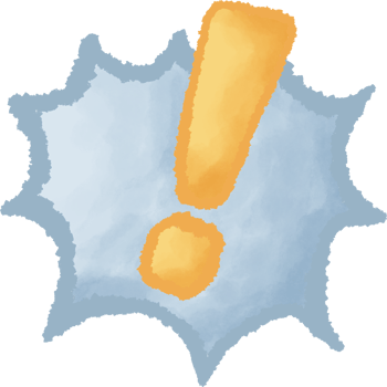 Hand drawn watercolor illustration of an orange exclamation mark inside a blue explosion shape. It has soft textured edges and an artistic style. Isolated on a transparent background. png