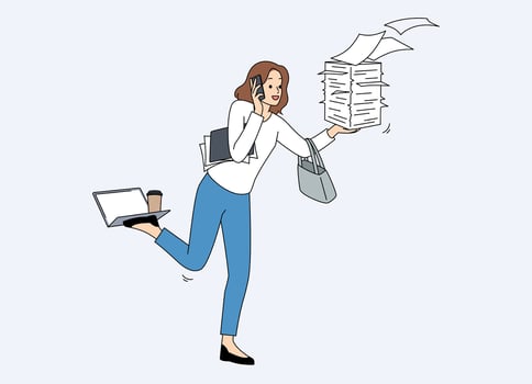 Woman multitasking with papers and phone vector