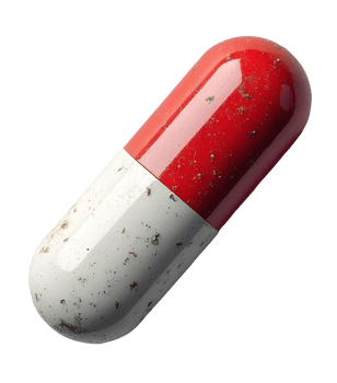 Red and white capsule appears grimy, symbolizing contaminated medicine or illness png