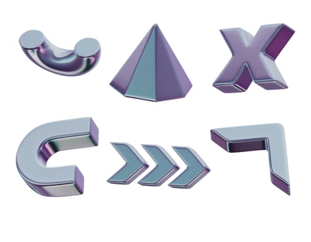 3D realistic render silver figures. Grey, platinum metallic design objects. decorative geometric shapes. Pyramid, Arrows, Cross, Half of torus. Isolated on a white background vector