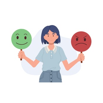 control emotion concept. woman hold face masks expressing emotions and change mood. Emotional intellect. illustration. vector