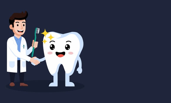 friendly dental health cartoon. A happy dentist shakes hands with a sparkling white tooth, signifying a successful check up and excellent oral hygiene. Perfect for childrens educational content. vector