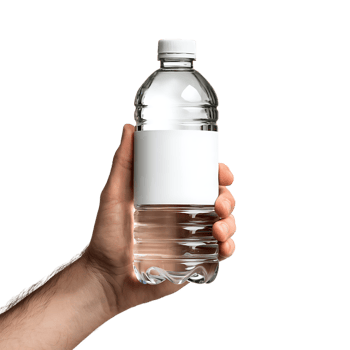 A hand holding a clear plastic water bottle with a blank white label png