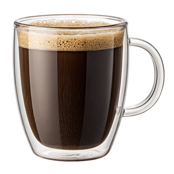 A clear glass coffee mug, isolated on a transparent background png