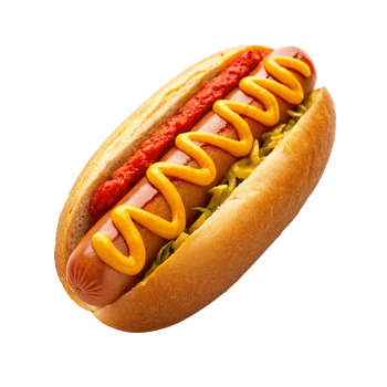 A juicy hot dog with toppings arranged in perfect swirls. Isolated on a transparent background png