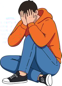Young person sitting on floor covering face with hands in orange hoodie and blue jeans illustration vector