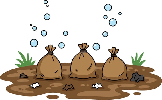 Brown Garbage Bags in Muddy Ground with Bubbles and Scattered Trash Illustration vector
