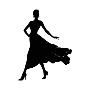 Art of silhouette of a woman dancing in an elegant dress, isolated on white background vector