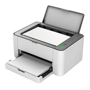 compact monochrome laser printer with paper tray and LED indicators, isolated transparent png