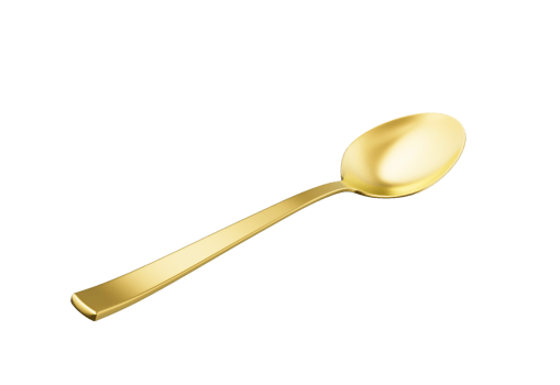 A golden spoon with a reflective surface, slender handle and oval bowl. 3D Illustration. png