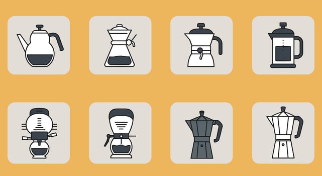 Variety of coffee brewing equipment icons vector