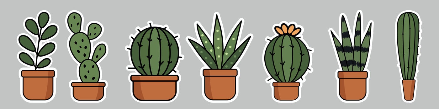 Set of seven stickers featuring cartoon cacti, succulents in brown pots, arranged in row on gray background. Sicculents come in different shapes and designs. For home decor, plant themes, stickers. vector