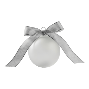 White christmas bauble with silver ribbon and bow isolated on transparent background png