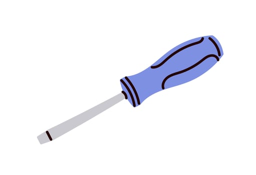 Classic screwdriver tool, ergonomic hand tool, metal shaft for tightening or loosening screws, building works, essential for repair, assembly and maintenance tasks minimal flat illustration. vector