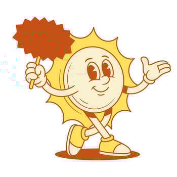 Comic yellow sun cartoon character with signboard promo contoured flat vector
