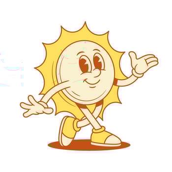 Funny yellow sun cartoon character presenting promo contoured flat illustration vector