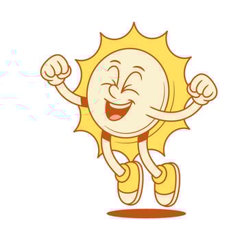 Overjoyed yellow sun cartoon character jumping win contoured flat illustration vector