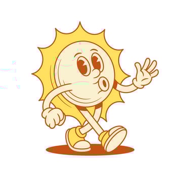 Cheerful yellow sun cartoon character walking whistling contoured flat illustration vector