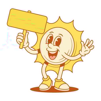 Funky yellow sun cartoon character with signboard advertising contoured flat vector
