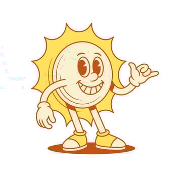 Comic yellow sun cartoon character surf cool gesture contoured flat illustration vector