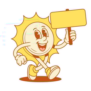 Smiling yellow sun cartoon character with signboard promo contoured flat vector