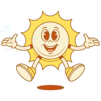 Comic yellow sun cartoon character jumping welcome contoured flat illustration vector