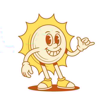 Cute yellow sun cartoon character surf relax gesture contoured flat illustration vector