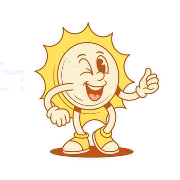 Playful yellow sun cartoon character winked thumb up contoured flat illustration vector