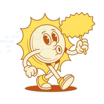 Comic yellow sun cartoon character with signboard sale contoured flat illustration vector
