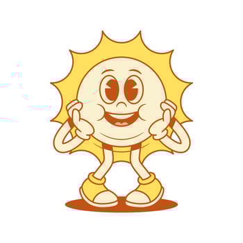 Cute adorable yellow sun cartoon character smiling surprise contoured flat vector