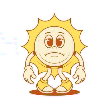 Tired sad yellow sun cartoon character contoured flat illustration vector