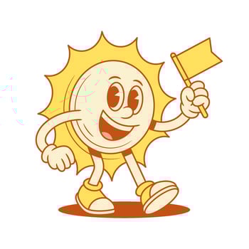 Comic yellow sun cartoon character with flag contoured flat illustration vector