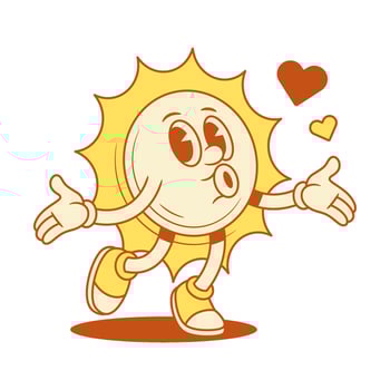 Enamored yellow sun cartoon character with heart contoured flat illustration vector