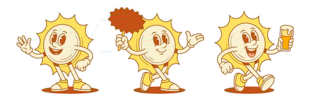 Funny cheerful yellow sun cartoon character set contoured flat illustration vector