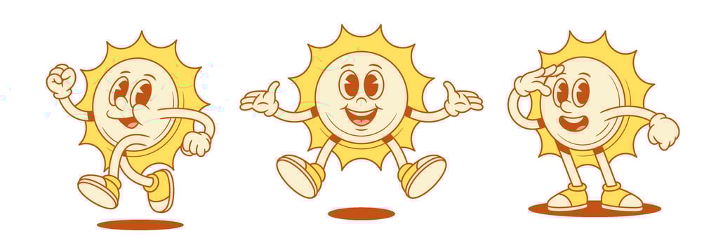 Cheerful sun characters in playful poses vector