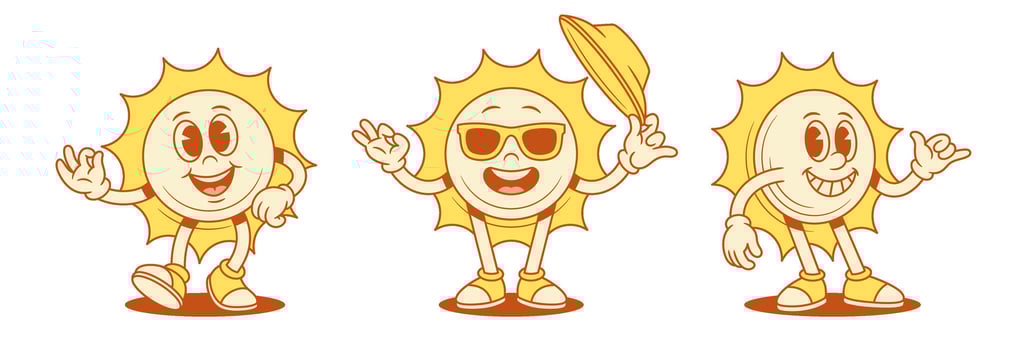 Three cartoon sun characters having fun vector