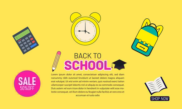 Creative back to school discount poster with cartoon-style school items, price tag icons, and bold sale lettering. layout ideal for web ads, store flyers, and seasonal education promotions. vector