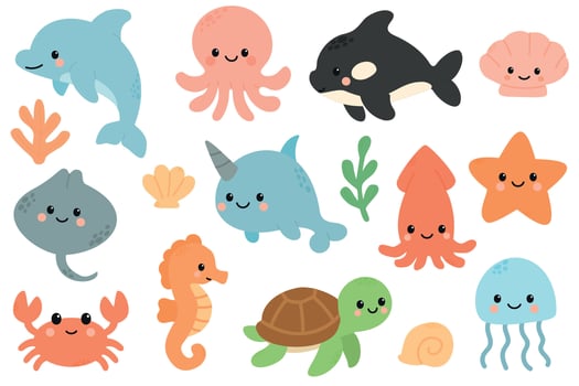 A collection of cute marine animals including a dolphin, octopus, narwhal, crab, seahorse, turtle, jellyfish, and starfish, all in vibrant colors. vector