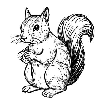 A detailed illustration of a cute squirrel standing upright. The squirrel has a bushy tail and is holding a nut in its paws. It features large eyes and a furry body. vector