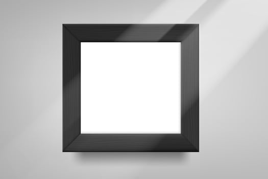 Square wood photo frame on bright wall with sun beam. 3d mockup vector