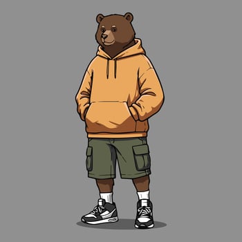 anthropomorphic bear wearing hoodie and cargo shorts streetwear style illustration vector
