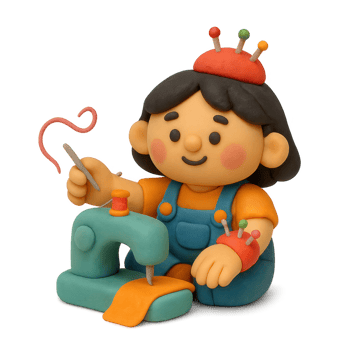 Charming plasticine figure of a seamstress with a sewing machine and pincushions. png